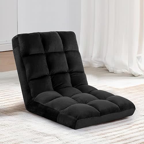 Floor Chair, 24 inches Wide Oversized Velvet Armless Lay Flat Floor seat Padded Meditation Chair with 6 Adjustable Position Ergonomic Comfortable Convenient(LRSF-016-BLACK)