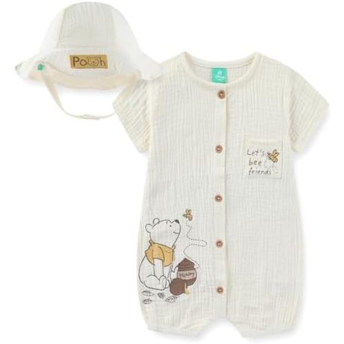 Disney Winnie the Pooh Baby Boys Gauze Romper with Bucket Hat 2 Piece Set for Infant