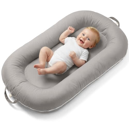 Newborn Lounger Pillow, Infant Support Cushion with Breathable Mesh & Detachable Toy Arch, Portable Floor Lounger for Play/Travel, Machine Washable Cover (Gray)