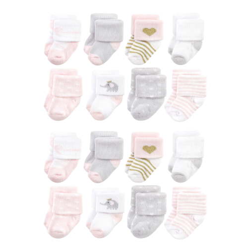 Hudson Baby Cotton Rich Baby Terry Socks 16-Pack, Pink Gray Elephant, 0-6 Months