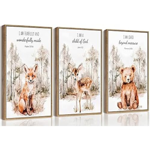 3Pcs Woodland Nursery Wall Art Christian Bible Verses Woodland Animals Paintings Posters Pictures Wall Decor Canvas Print Artwork for Kids Room Baby Room Toddler Room Home Decoration Unframed