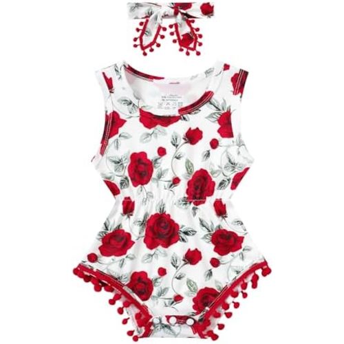 UNICOMIDEA Baby Girl Romper with Headband 3D Print Sleeveless Outfit 0-24M