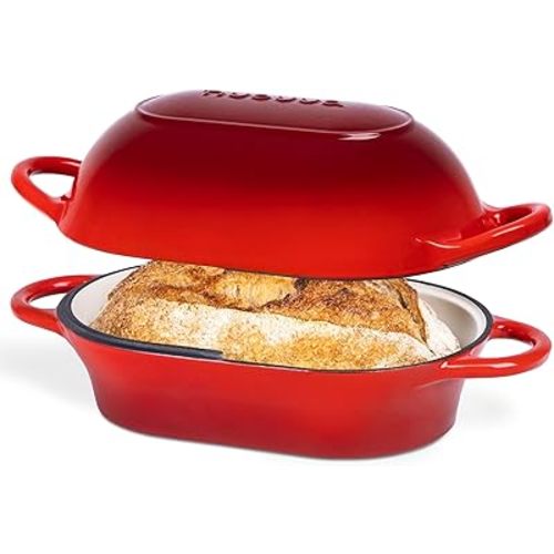 Dutch Oven For Sourdough Bread Baking – Enamelled Cast Iron Bread Loaf Pot – Oven Safe Non Stick Bread Pot – Rectangular, Red, 24cm x 16cm – by Nuovva