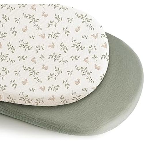 Konssy 2 Pack Muslin Bassinet Sheets for Boys, Girls, 100% Cotton Soft Breathable Fitted Bassinet Mattress Sheet, 32 x 16 inches (Sprout,Fog Green)