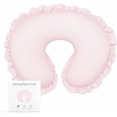 Hooyax Nursing Pillow Cover, 100% Cotton Breastfeeding Pillow Cover for Newborn Baby Boys and Girls, Soft and Breathable Classic Striped Slipcover Replacement, Hidden Zipper, Ruffled Design, Pink