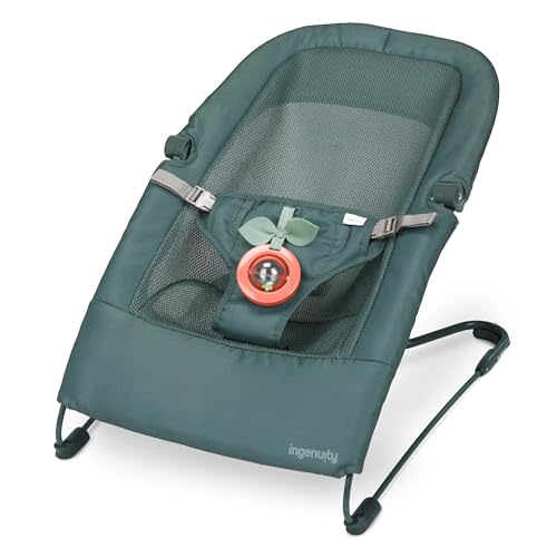 Ingenuity Stow & Go Compact Folding Baby Bouncer, Lightweight Portable Seat with Vibration, Green, Under 5 lbs