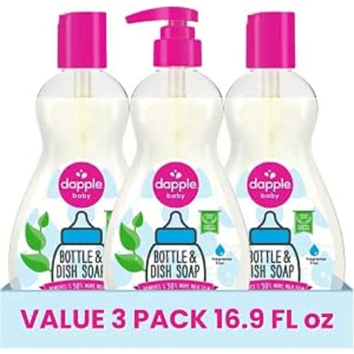 Dapple Baby Fragrance Free Bottle & Dish Soap - (3 Pack) 16.9 fl oz - Cleans Baby Bottles, Sippy Cups, Pacifiers, Breast Pumps, & More - Gently Removes Milk Film & Odors - Includes 1 Pump