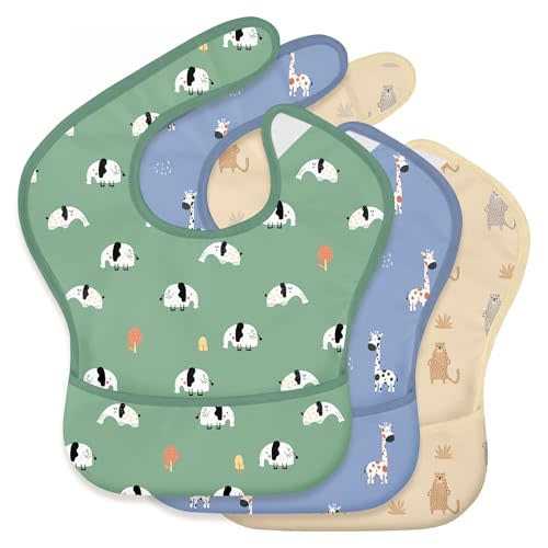 3 Pack Waterproof Baby Bibs for Eating, Mess Proof Feeding Bib | Lightweight & Wipeable Toddler Food Bibs, Large Catch-All Pocket, Food-Grade Baby Eating Essentials Gifts, Safari Animals
