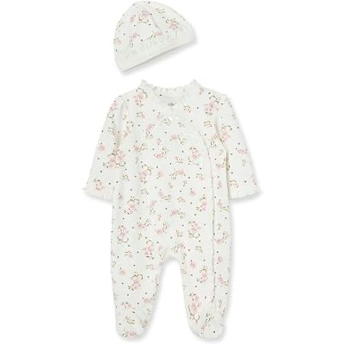 Little Me Clothes for Baby Girls 100% Cotton Scratch-Free Tag Footed One-Piece Romper and Hat Sleeper Set