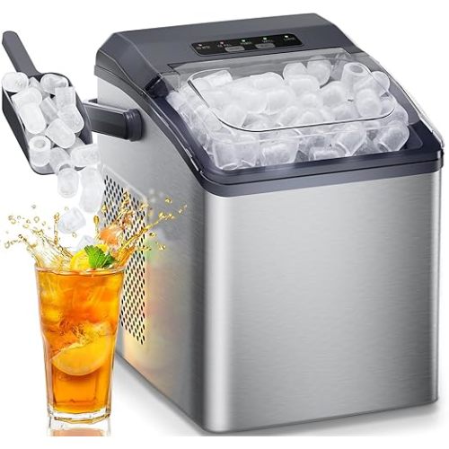 Ice Maker Countertop, 9 Cubes Ready in 6 Mins, 26 lbs per Day, Ice Machine with 2 Ice Sizes and Self-Cleaning, Portable Ice Maker with Handle for Home, Kitchen, Camping, RV, Office, Silver