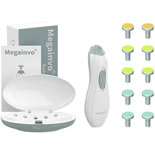 Baby Nail File Electric Nail Trimmer Manicure Set LED Light Whisper Quiet Design Safe for Newborn Toddler Kids Toes and Fingernails Care 10 Grinding Heads AA Battery Operated (Not Included) - Gray