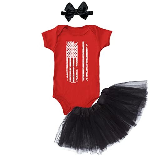Red Line American Flag - Support Firefighters Baby Bodysuit + Tutu Skirt + Bow Headband Set