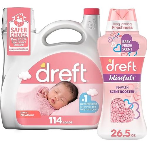 Baby Laundry Gift Set of Dreft Stage 1: Newborn Baby Liquid Laundry Detergent, 114 loads, 165 fl oz + Dreft Blissfuls Laundry Scent Booster Beads for Washer, Baby Fresh Scent, 26.5 oz