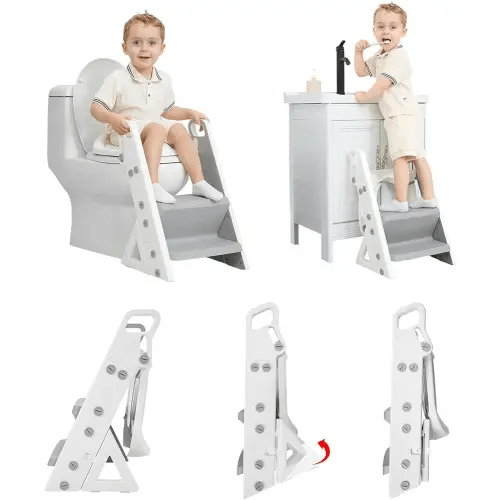 Primlect Space-Saving Potty Training Seat with Ladder, Adjustable Step and Toilet Seat Height, Top Handles for Easy Climbing, Easy to Carry, Portable Toddler Toilet Trainer for Small Bathrooms