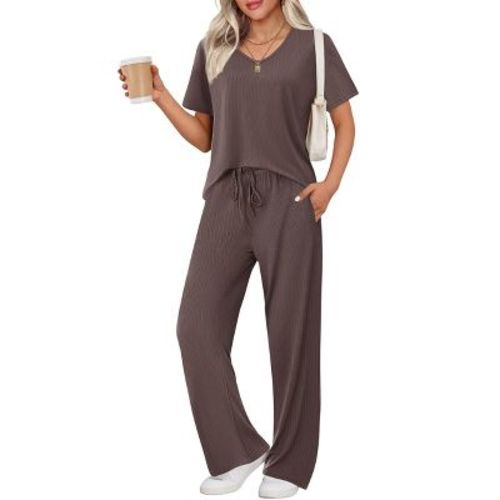 Ekouaer Women' 2 Piece Lounge Set Casual Summer Outfits Ribbed Short Sleeve & Wide Leg Pants Matching Set for Travel Home Brown M