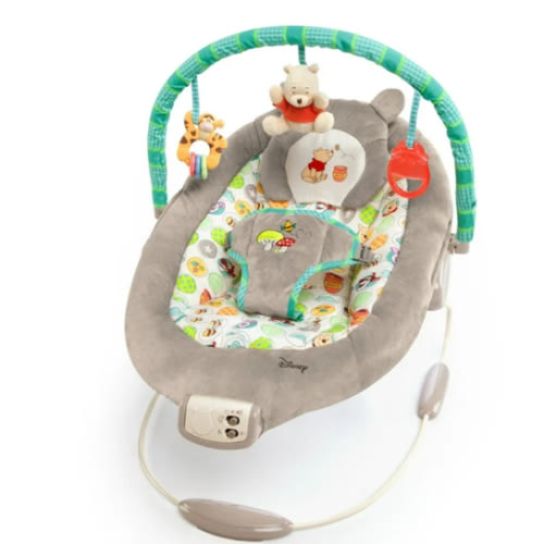 Bright Starts Disney Baby Winnie The Pooh Baby Bouncer Soothing Vibrations Deluxe Infant Seat - Faux Suede, Music, Removable -Toy Bar, 0-6 Months 6-20 lbs (Dots & Hunny Pots)