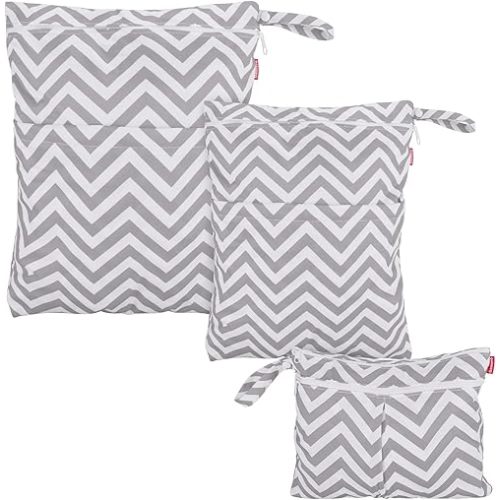Damero 3pcs Travel Wet and Dry Bag Organizer with Handle for Cloth Diaper, Pumping Parts, Swimsuit and More, Easy to Grab and Go, Gray Chevron