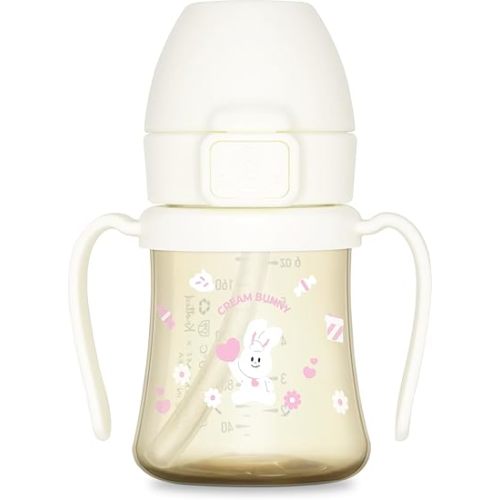 GROSMIMI PPSU Baby Straw Cup Stage 2, 12M+, Spill-Proof, 6oz (Cream Bunny)