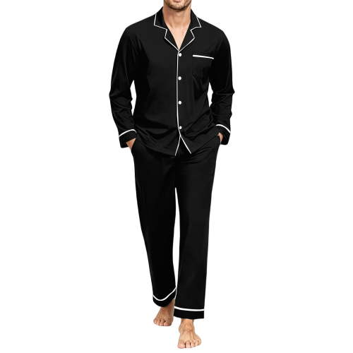 Delconic Mens Pajama Set Long Sleeve Button Front Sleepwear Set Collared Shirt and Full Length Pants Relaxed Fit Loungewear Black XL