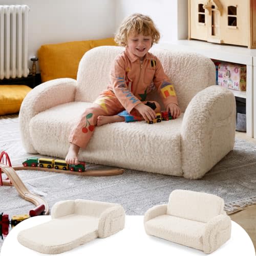 little dove 2-in-1 Sherpa Fold Out Kids Couch, Extra Wide Comfy Kid Chair, Convertible Kids Sofa, Foldable Kid Couch with High Density Foam for Boys & Girls, Beige