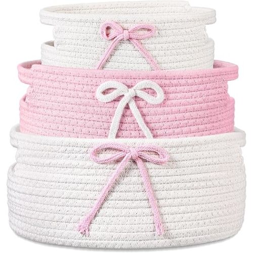 Breling 3 Pieces Coquette Bow Laundry Hamper Cotton Rope Storage Basket Bow Woven Gift Baskets Rope Bin with Handles for Decoration Organization Storage for Nursery, Pet Toy Basket(Pink, White)