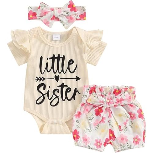 Newborn Baby Girl Auntie Outfits Auntie's Bestie Short Sleeve Ribbed Romper Floral Shorts Clothes with Headband