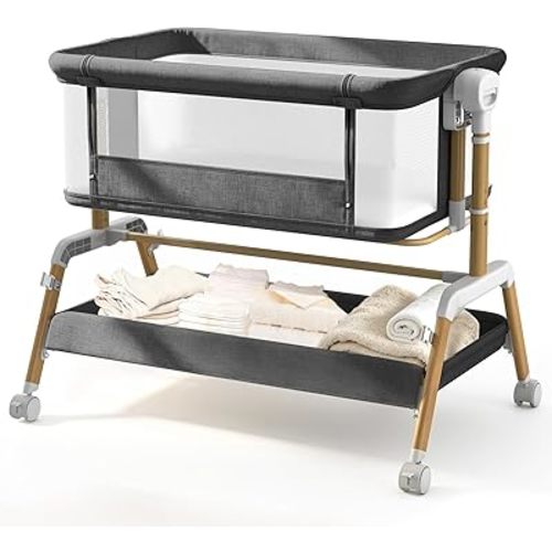 3 in 1 Baby Bassinet, Bedside Sleeper for Newborn, 7-Level Height Adjustable, Rocking Design with Breathable Mesh, Lockable Wheels & Large Storage Space, Portable Baby Crib（Dark Gray）