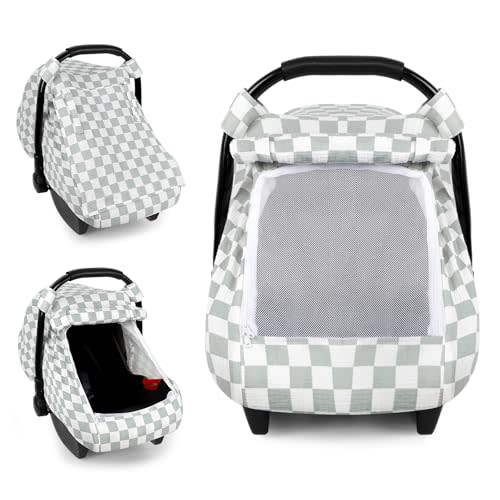 DILIMI Car Seat Covers for Babies, Muslin Cotton Baby Car Seat Cover with Breathable Mesh Window, Summer Infant Car Seat Canopy for Boys Girls Newborn, Green Checkered
