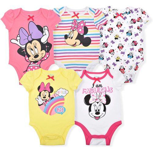Disney Minnie Mouse Fabulous 5 Pack Girls Bodysuits for Newborns Babys and Infants