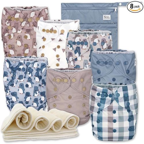 Nora's Nursery Cloth Diapers 7 Pack with 7 Inserts & 1 Wet Bag - Waterproof Cover, Washable, Reusable & One Size Adjustable Pocket Diapers for Newborns and Toddlers - Winter Waddle