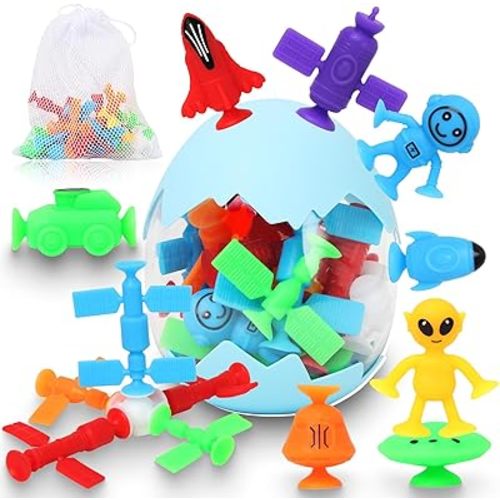 Suction Bath Toys for Kids, 18 Pcs Silicone Ocean Animal Suction Cup Toys with Eggshell & Bag, No Hole Mold Free Bath Toy, Sensory Window Building Toys for Toddlers Boys Girls 3 4 5 6 Year Old