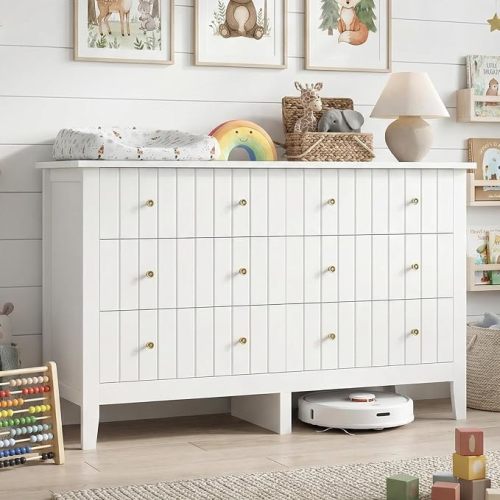 FOTOSOK White Dresser, Chest of Drawers, Modern 6 Drawer Double Dressers with Deep Drawers, Nursery Dresser for Baby, Wide Storage Organizer Cabinet for Living Room, Hallway,White