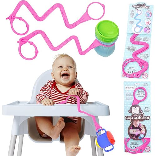 Brilli Baby Cup Catcher Patented Safety Tether Strap, Attach Sippy Cups, Bottles, Pacifiers & More to Stroller, High Chair, Car Seat, Made in USA, Food Grade, Dishwasher Safe (Pink & Pink)
