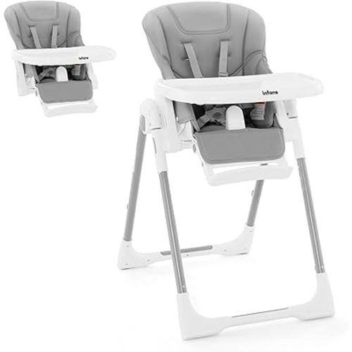 INFANS High Chair for Babies & Toddlers, Foldable Highchair with Multiple Adjustable Backrest Footrest Seat Height, Removable Tray, Detachable PU Leather Cushion Wheels (with Booster, Light Grey)