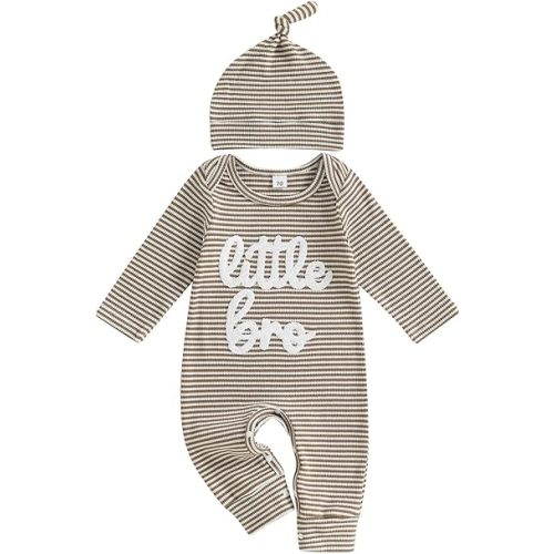 Baby Boy Clothes Little Bro Newborn Outfit Ribbed Knit Long Sleeve Baby Brother Romper Striped Bodysuit with Hat