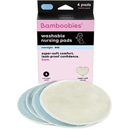 Bamboobies Reusable & Washable, Ultra-Absorbent Overnight Nursing Pads for Breastfeeding, Super Soft Rayon Made From Bamboo, Milk Proof Liner, Natural, 2.4 Oz, 4 Count