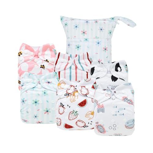 ALVABABY Cloth Diaper Covers 6pcs and 1 Wet Dry Bag, Washable Reusable Diaper Cover with Multi-Functional Bag, Cloth Diaper Shell for Prefold, Flat or Fitted Cloth Diaper Inserts 6NKZ08