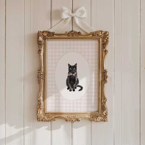 Black Cat Nursery Print, Watercolor Black Cat Nursery Art, Baby Girl Nursery, Pink Gingham Nursery Decor, Coquette Pink Bow, Cat Nursery Art