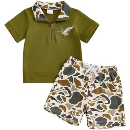 Toddler Baby Boy Summer Clothes Duck Print Short Sleeves T-Shirt Elastic Camouflage Shorts 2 Piece Outfit