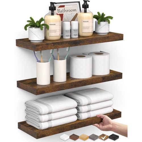 BAYKA Floating Shelves Bathroom for Wall – Shelf Over Toilet Farmhouse Rustic Wood for Bedroom, Kitchen, or Living Room Decor Organization, Christmas Decor Shelves – Rustic Brown, Set of 3