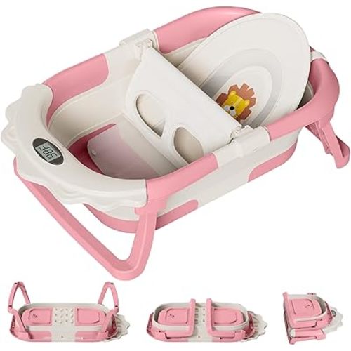 TPN 4-in-1 Grow-with-Me Collapsible Baby Bathtub, Baby Tub for Newborns to Toddler with Soft Floating Cushion & Thermometer, Portable Baby Bath Tub, Infant Bathtub for Bath Support in Tub,Pink