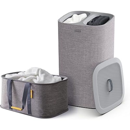 Joseph Joseph Laundry 2 piece set - Hold-All 35L/9.2 Gallon collapsible Washing Basket and Tota 60L/15.8 Laundry Separation Hamper with 2 removeable bags - Gray