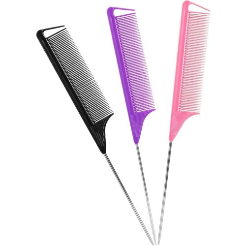 Rat Tail Combs Set: 3Pcs Long Steel Pin Teasing Combs for Salon Hair Stylists, Metal Parting Combs for Women (Purple, Black, Pink)