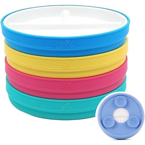 Elk and Friends Kids 6.7” Porcelain Divided Plates with Silicone Suction Sleeves | Suitable for Babies/Kids/Toddlers | Microwave & Dishwasher Safe | Non Slip | Snack Dishes