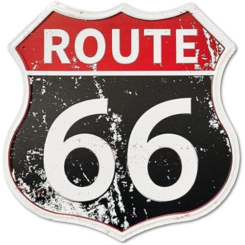 QMARK Route 66 Road Signs, High Way Vintage Tin Sign, Retro Metal Home Decor, Funny Decorations For Man Cave Garage Wall, Metal Post Round 12 Inches