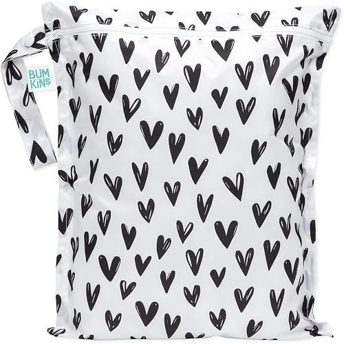 Bumkins Waterproof Wet Bag for Baby, Travel, Swim Suit, Cloth Diapers, Pump Parts, Pool, Beach, Gym Clothes, Toiletry, Hook to Stroller, Daycare, Zipper Reusable Wetdry Packing Pouch, Black Hearts