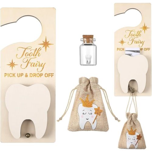 Tooth Fairy Gift Holder Bag Door Hanger National Children's Dental Health Month Dentist's Day Gift Tooth Fairy Kit Keepsake Teeth Box for Lost Teeth Boy Girl(Classic,Light Brown)