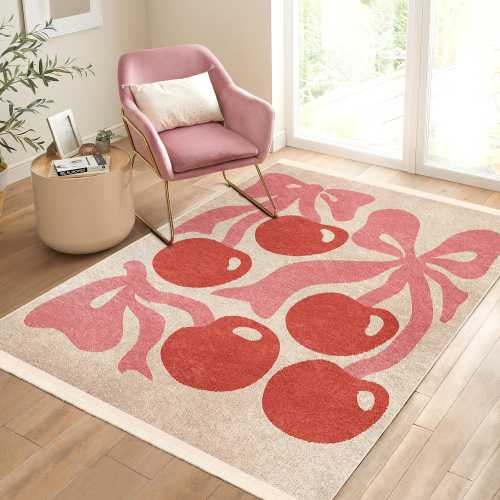 Red Cherry Rug|Cherry Art Carpet|Non-slip Rugs|Pink Kitchen Rug|Bestselling Area Rugs|Housewarming Gift|Modern Living Room Rug|Beige Rugs