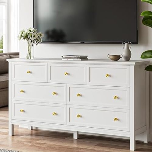 Tradare White Dresser for Bedroom with Gold Handle Modern 7 Drawer Dresser, Wood Chest of Drawer Closet Clothes Storage Organizer for Living Room, Hallway, TV Stand, 55 Inch