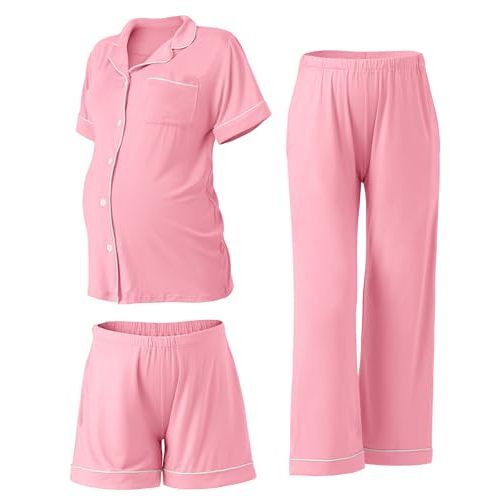 Rnxrbb 3 PCS Women Maternity Pajamas Set Nursing Postpartum Breastfeeding Pjs Sleepwear Lounger Clothes Button Down